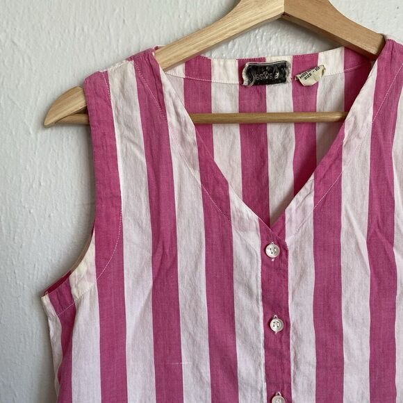 Vintage Pink White Wide Stripe Cotton Button Vest Women’s 10 Summer Kidcore - Picture 2 of 8